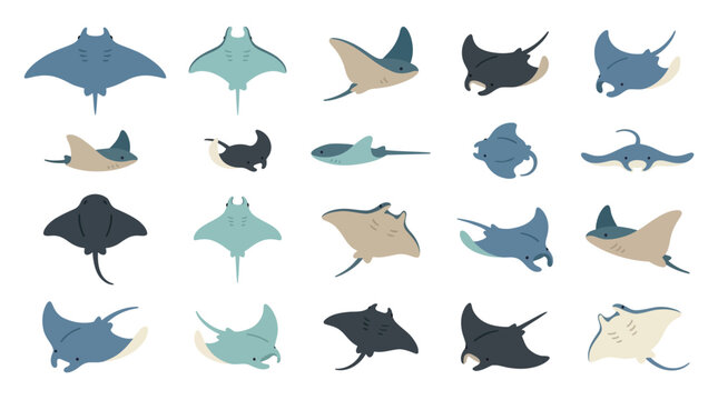 Set of various manta ray icons in flat vector style isolated on white background.