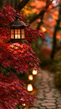 a serene autumn scene features a traditional Japanese lantern hanging from a tree with vibrant red maple leaves. The lantern emits a warm, amber glow.