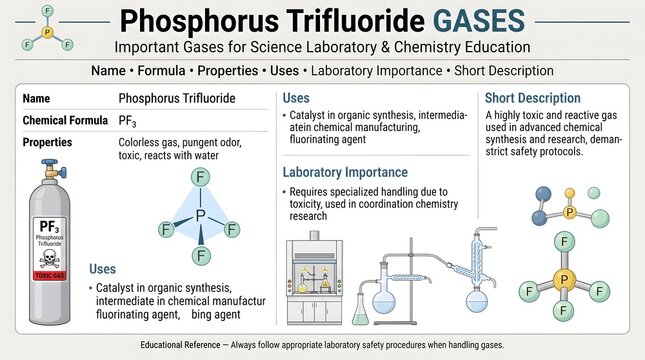 Phosphorus trifluoride gas science laboratory reference poster featuring formula PF3, trigonal pyramidal structure, Lewis base behavior, ligand chemistry, toxicity risks, reactivity, and safe handling