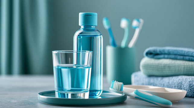 Generic blue mouthwash bottle beside a glass and dental hygiene accessories, oral care, fresh breath, dental health, bathroom routine, personal hygiene, clean commercial product