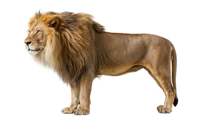 Majestic adult male lion with thick golden mane standing in profile © Anouk