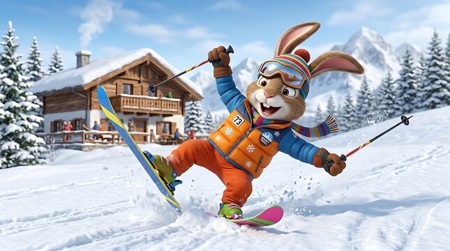 Animated rabbit skiing fast in a winter sports comedy mountain scene