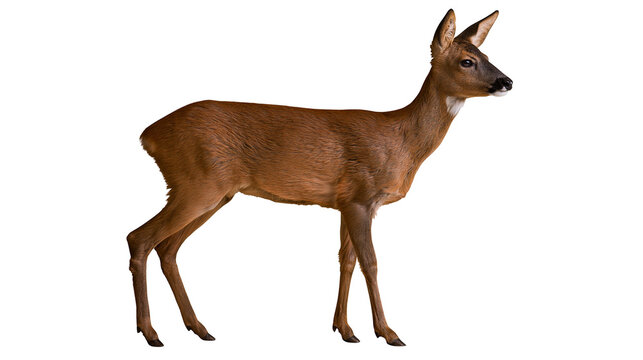 Full body side view of a brown roe deer standing alert