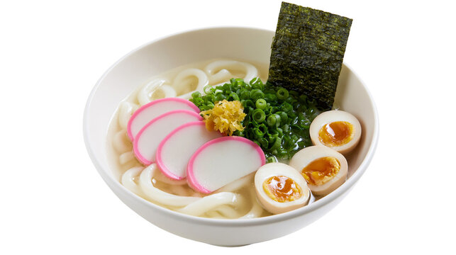 Udon noodle soup bowl with kamaboko fish cake soft boiled egg, nori and scallion