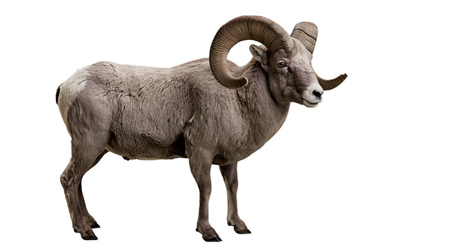Large bighorn sheep ram with curved horns standing in profile