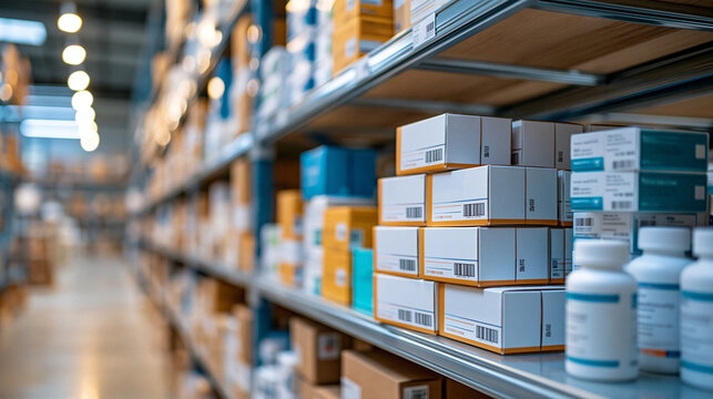 Defocused pharmaceutical warehouse filled with organized shelves of medicine boxes and healthcare products, pharmaceutical supply chain, inventory management, medical