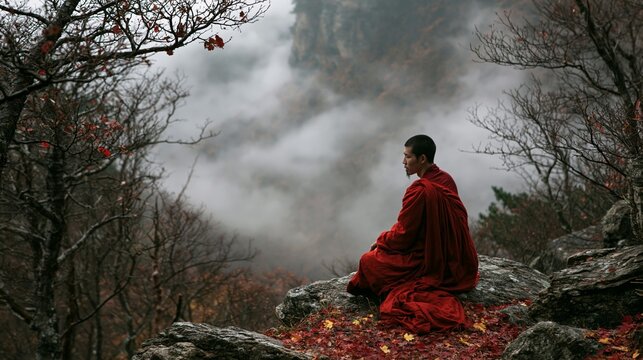 a deep red robe sits on a rocky outcrop amidst a dense forest. The monks posture is relaxed, with one hand resting on the rock and the other in a meditative pose.