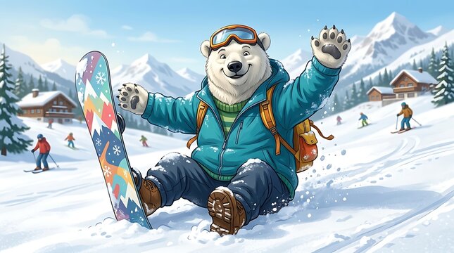 Funny polar bear snowboarding at a winter mountain resort