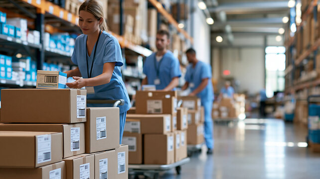 Medical logistics workers moving inventory carts through a pharmaceutical distribution warehouse, healthcare supply chain, stock handling, medicine distribution, warehouse