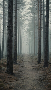 Narrow dirt path running through dense misty pine forest tall tree trunks