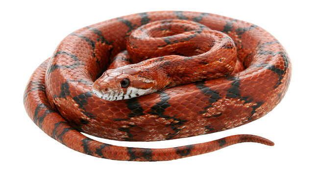 Coiled orange and black patterned corn snake with textured scales