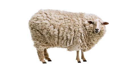 Fluffy beige woolly sheep standing and looking at camera © Anouk