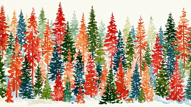 a dense forest of tall pine trees. The trees are painted in vibrant red, blue, green, and orange hues, creating a striking contrast against the white background.