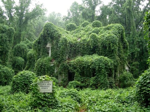 Invasive plant species completely consuming a residential building creating a green monster shape in dense forest
