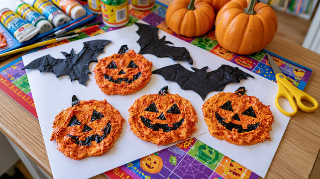Overhead flat lay of Halloween activity for toddlers, washable finger paints, foam pumpkin stamps, construction paper bats, safety scissors, simple craft supplies spread on colorful mat, early child