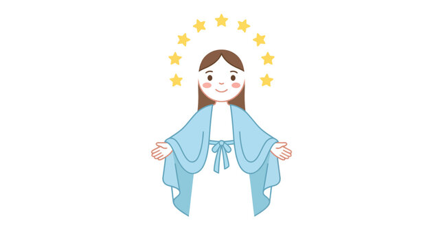 Blessed virgin mary illustration featuring soft blue robes and a glowing halo of yellow stars