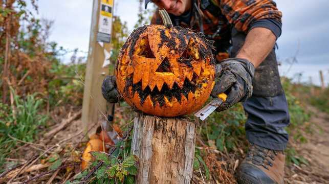 Park ranger repairing a broken trail sign in a Halloween nature reserve under an overcast dramatic sky, symbolic still life of a faded instruction sticker peeling off a post, carved pumpkin left by 