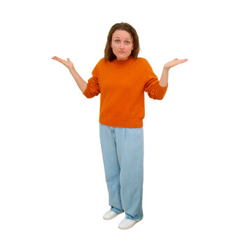 Confused woman shrugging shoulders isolated on transparent background. Clueless woman expressing uncertainty with palms up. Gesture of doubt, lack of knowledge and question. Unknown situation concept.