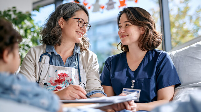 Senior nurse teaching a newcomer patiently in a Halloween decorated pediatric ward, child perspective framing a small patient watching from a bed, a trade apron marked with antiseptic stains, small 