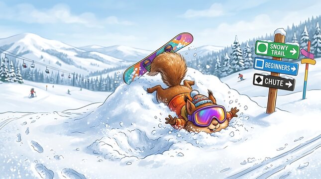 Funny squirrel snowboarding crash in winter sports comedy scene