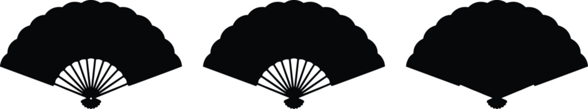 Set of three decorative folding hand fans in black silhouette style with handheld traditional japanese accessory oriental silhouette collection