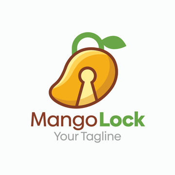 This playful logo features a mango with a lock, symbolizing security and satisfaction, combining whimsical elements with bright colors for a dynamic visual appeal.