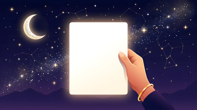 Human hand holding a blank rectangular card against a mystical night sky background with stars and a crescent moon crescent presentation celestial nighttime universe astronomy invitation