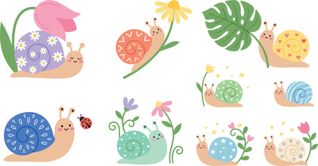 Cute kawaii snail character set vector illustration featuring colorful smiling gastropods with decorative shells flowers leaves garden elements isolated collection for kids © MD