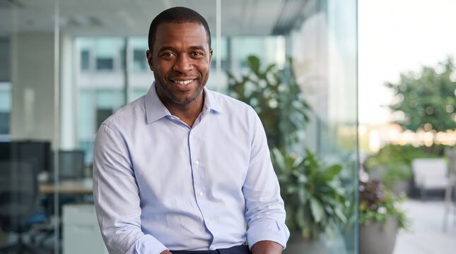 Smiling businessman in a light blue shirt inside a glass office
