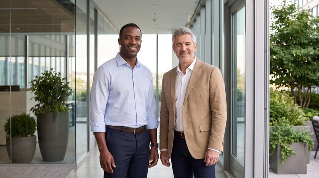 Portrait of two smiling businessmen outside a corporate building