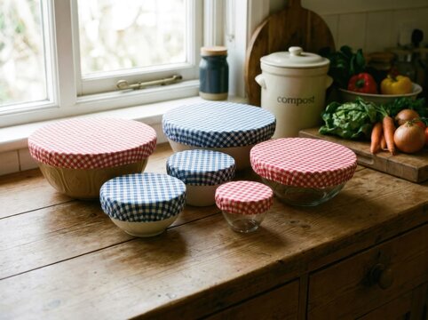 Assorted ceramic bowls protected by washable gingham fabric covers near a bright kitchen window