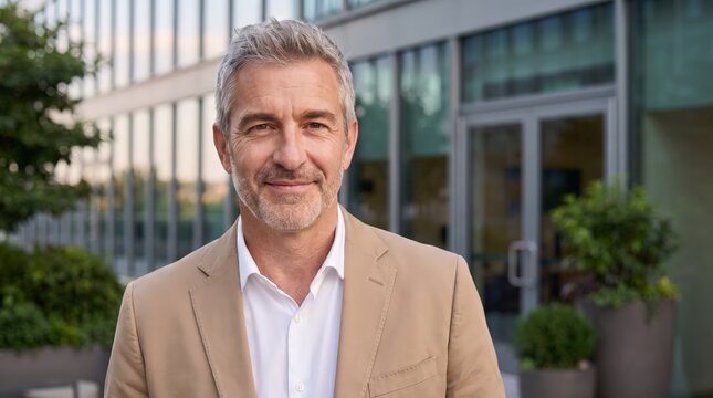 Confident senior businessman smiling outside a modern office building