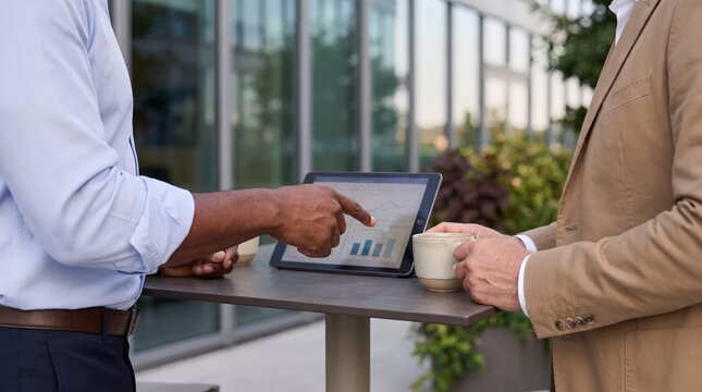 Close-up of hands reviewing a chart on a tablet outdoors