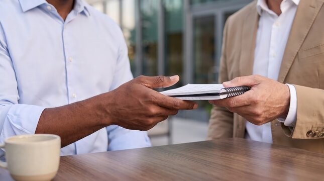 Hands exchanging a notebook and pen during a business meeting