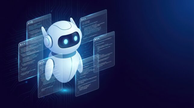 Futuristic robot surrounded by floating digital code screens illustration