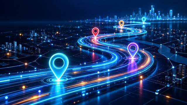 Glowing digital highway network with bright location pins navigating through a futuristic smart city. Concept of advanced globalization and logistics mapping.