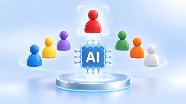 Artificial intelligence microchip selecting a targeted red profile from a diverse group of colorful human avatars on a glowing podium. Concept of scalable corporate segmentation workflow.