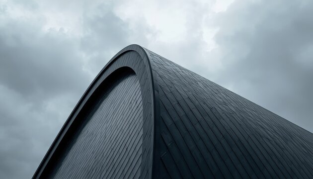 Dark curved architectural roof section covered in raindrops under a cloudy gray sky with rainy day dark architecture modern building rain water stormy weather structural design geometric sha