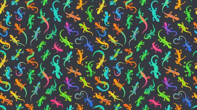 Colorful Geckos Pattern on Dark Background for Fun and Creative Design Projects