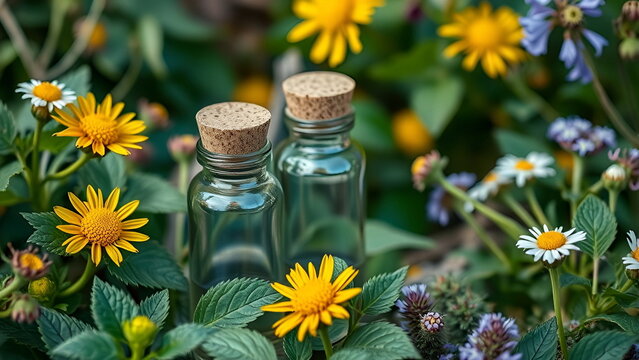 :due piccole boccette di vetro con tappo di sughero immerse tra fiori gialli e foglie