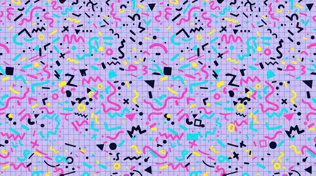 Retro 90s Memphis pattern background, colorful geometric shapes on purple grid, nostalgic seamless 80s aesthetic wallpaper