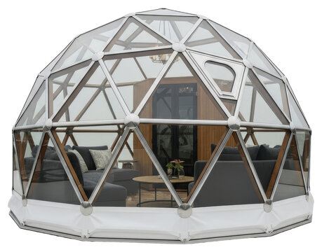 Modern glass geodesic dome glamping tent isolated with transparent background