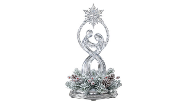 Clear crystal figurine of couple embracing under a snowflake star with winter greenery base transparent background