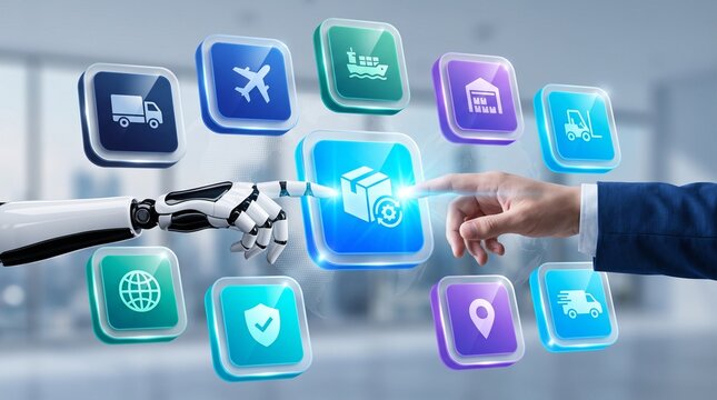 AI logistics supply chain automation robotic hand human interaction digital transformation futuristic technology hologram concept illustration background 