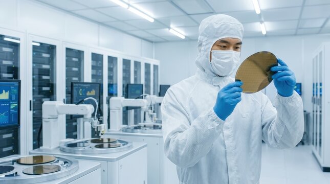 Scientist in cleanroom holding silicon wafer for semiconductor manufacturing 2.