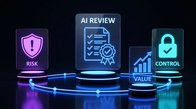 Artificial intelligence governance and risk management software interface displaying compliance checklist security control and business value analytics 