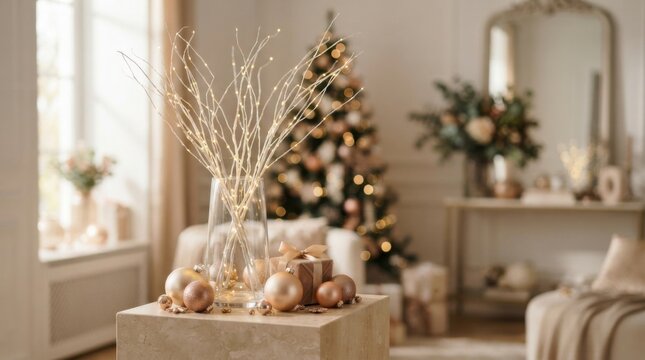 Christmas tree and festive decor in cozy living room
