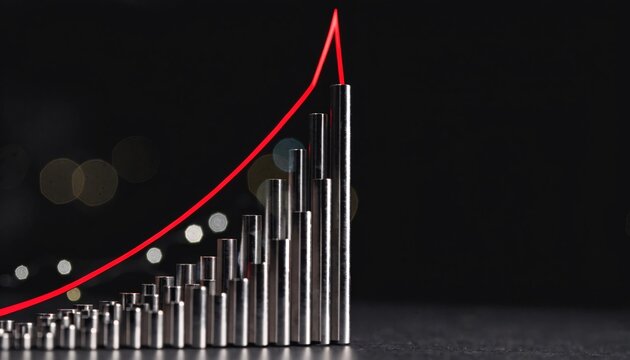 A glowing red line graph rising over metallic bar columns representing financial growth