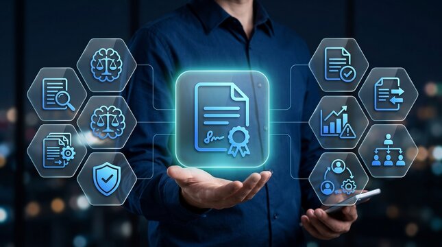 Corporate attorney holding a holographic digital contract and legal AI compliance dashboard. 