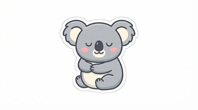 Kawaii koala sticker, cute sleeping bear illustration, adorable grey animal character on white background